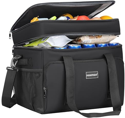 Hulongo Kühltasche Isoliert Kühltasche Wasserdicht Picknick Doppel-Thermotasche für Camping, Reisen, Lebensmittelgeschäft Einkaufen & Angeln, 42L, Schwarz