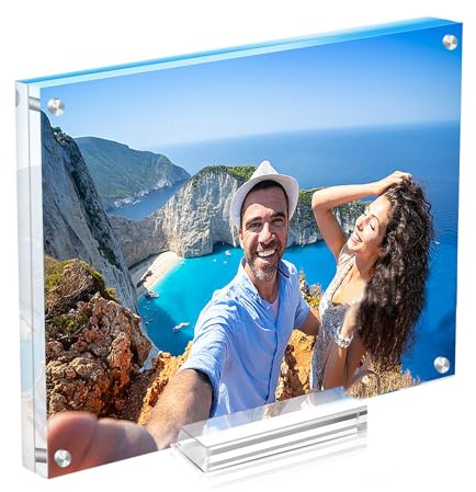 laapee 8x8 Square Acrylic Picture Frame with Magnetic, Frameless Double Sided Clear Frame with Base, Floating Lucite Transparent Photo Frame for Tabletop Display with Exquisite Package