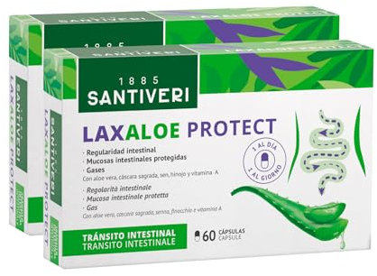 SANTIVERI - LaxAloe Protect, Complemento Alimenticio a Base de Cáscara Sagrada, Sen, Hinojo, Aloe y Vitamina A, que Ayudan a Mantener la Regularidad Intestinal - Pack de 2 x 60 Cápsulas