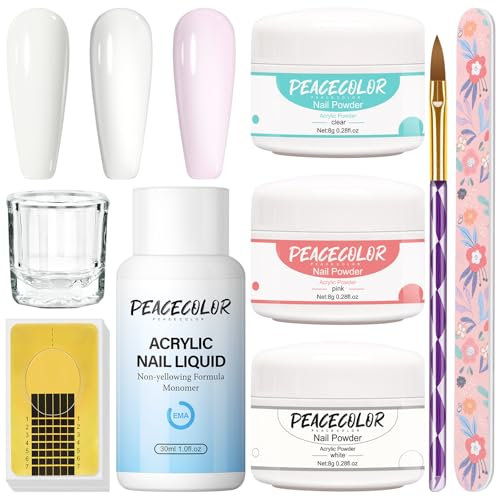 PEACECOLOR Acrylic Nail Kit for Beginners - White, Pink, Clear Colors - Powder, Liquid, Brush, Extension, Carving