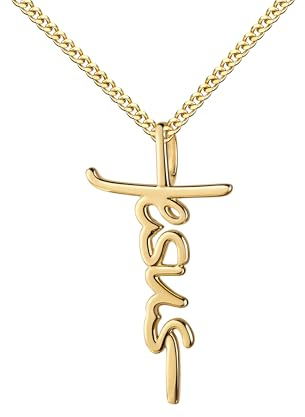 JEVELION Goldenes Kreuz Anhänger 333 Gold in Schrift aus Gold - JESUS - Goldkreuz mit Halskette oder ohne Kette wählbar + Schmuck-Etui + Echtheitszertifikat