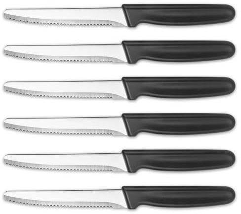 DMJJSD Frühstücksmesser Wellenschliff 6-teilig, Tafelmesser Scharf Brotmesser Wellenschliff Brötchenmesser Tomatenmesser Buttermesser Stabiler Kunststoffgriff Spülmaschinenfest 22 cm,Edelstahl,Schwarz
