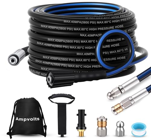 Ampvolts Rohrreinigungsschlauch Set 30m - 5800PSI, Hochdruck Rohrreiniger kompatibel mit Karcher K2 K3 K4 K5 K6 K7, Premium Rohrreinigungsset für Abflussreinigung und verstopfte Rohre