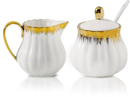 Ensemble sucrier et crème en céramique blanc avec bordure dorée, 3 pièces avec pichet à crème de 283,5 g, sucrier de 325 ml avec couvercle et cuillère, service à café pour café, thé de l'après-midi