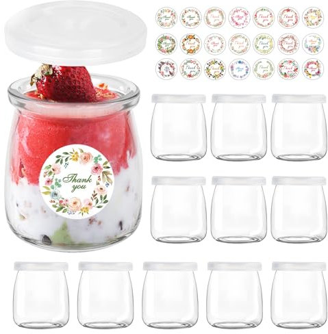 BBWELL Tarros de Yogur Transparentes con Tapa de 150 ml (Pack de 12) - Tarros de yogur con tapa, para pudding-yogur, tarros de cristal para conservas de tulipanes, mermeladas, jaleas, miel, postres