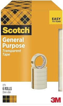 Scotch Transparentes Klebeband, 6 Rollen - 25mm x 66m - Durchsichtiges Allzweckband für Schule, Heim und Büro