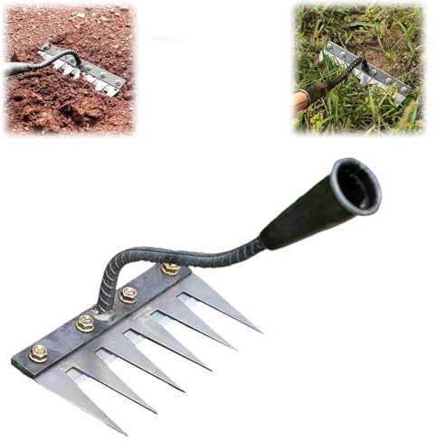 Upgraded Iron Weeding Rake, Iron Rake for Gardening and Weeding, Iron Rakes Heavy Duty, 5/6/7/8 Teeth Carbon Steel Garden Weeding Rakes, Efficient Loosening & weeding (6 Teeth)