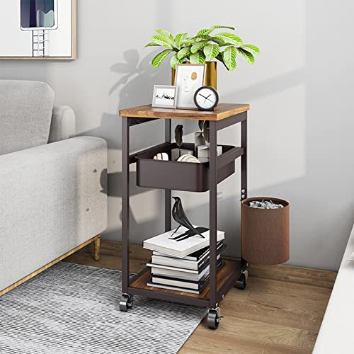 Carrello multiuso in metallo a 3 livelli con ruote e tavola in legno, con cassetto e bidone della spazzatura, multiuso, per cucina, bagno e ufficio, colore caffè