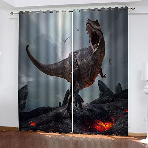 MAYNUO Blickdichte Vorhänge Mit Motiv 3D Roter Magma-Dinosaurier Kinder Gardinen Ösen Gardine Thermo 280x160 cm Schlafzimmer Kinderzimmer Vorhange Dekoratives Muster, Verdunklungsvorhänge