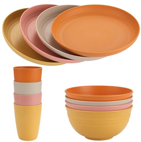 FUNYKICH Ensemble de Vaisselle 12 Pièces 4(Assiettes+Bols+Verres) en Plastique Sans BPA Léger, Incassable & Empilable Idéal Maison Pique-Nique Camping Résistant Lave Micro-Ondes (100°C Max)
