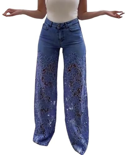 Jeans för kvinnor med vida ben, jeans med spets lapptäcke löst sittande Y2K, hög midja palazzo-byxor, sexiga byxor, eleganta höftbyxor, byxor, M