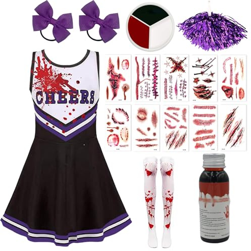 AXERHK Cheerleader Kostüm Kinder, Halloween Kostüm Damen, 17 Stück Cheerleading Outfit mit Kleid Halloween Gruseliger Kostüm, für Gruseliger Mottopartys