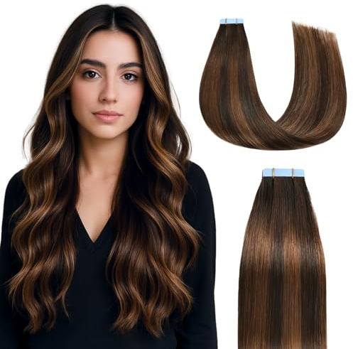 Sunya Tape-In Extensions Real Hair Balayage Dark Brown to Chestnut Brown Invisible Tapes Real Hair Extension Adhesive Natural Straight Human Hair Skin Weft P2/6/T2 35 cm 40 g 20 Pieces per Pack