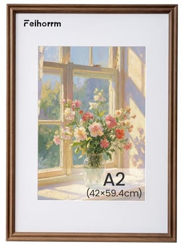 Feihorrm Cadre photo vintage - En bois massif de noyer - A2 - Avec verre trempé - Pour photos de 42 x 59,4 cm - Sans passe-partout ou photos de 28,7 x 41 cm - Avec passe-partout - Marron foncé - A2