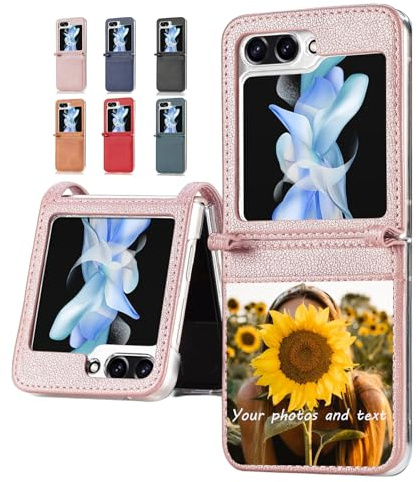 CAXKJE Pink Personalised Photo Phone Case for Samsung Galaxy Z Flip 7 6 5 4 3,Design Your Own Photo Image,Text Phone Case,Premium Leather Cover Case,Personalised Case,PPK-Pink