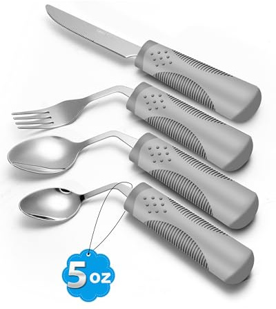 CuraVita Utensilios Adaptativos (Juego de Cocina de 4 Piezas) Con Peso 140g - Utensilios Angulados a 42° para Pacientes con Parkinson, Manos Tremulantes, Artritis y Personas Mayores - Utensilios de