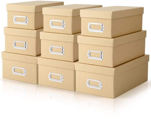 Threehoney 9 Pcs Kraft Storage Boxes Rectangle Stacking Boxes with Lids and Cardboard Organizers with Gold Label Holders for Home Decor and Organizing(Khaki)
