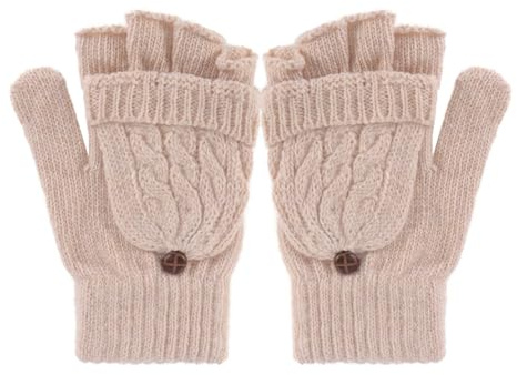 SAFIGLE Damen Fingerlose Handschuhe Aus Wollstrick Mit Fäustlingüberzug Zum Umklappen Halbfingerhandschuhe Für Kaltes Wetter Leicht Für Alltag Und Unterwegs Beige