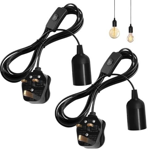 2 Pack E27 Lamp Holder Socket,Pendant Light Ceiling Fitting | with On/Off Switch,UK Plug for Ceiling Lamps,Living Room,Home Decor(1.8m,No Bulb)