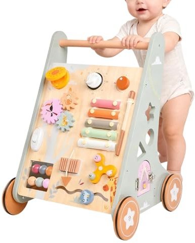 Deambulatore in legno - Gioco silenzioso con manico regolabile, camminatore per bambini con ruote, per imparare a camminare per bambini e ragazze al chiuso