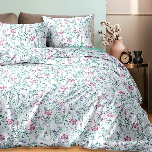 Ruggeri Set Lenzuola Letto Matrimoniale 4 Pezzi, 100% Cotone di Alta Qualità, Certificato Oeko-Tex, Lenzuolo con Angoli 170x195 cm, Lenzuolo Piatto 240x280 cm e 2 Federe 50x80 cm (Fiori Verdi)