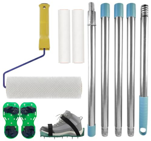 Spiked Roller Self Levelling Tools: 5Pcs Stainless Steel Spike Roller Kit | Self-Levelling Floor Screeding Set with 150cm Extension Pole Spiked Shoes and Paint Rollers