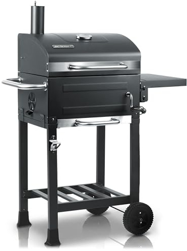 Berdsen kolgrill – BBQChef med öppen spis och gjutjärnsgaller 40 x 31,5 cm – justerbart kolbadkar, termometer, asklåda och hylla – grill på hjul – antracit