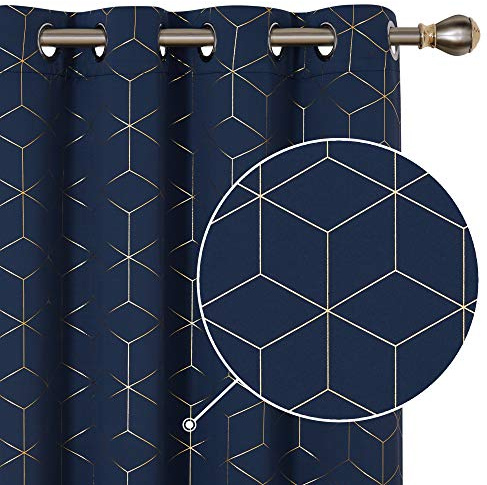 Deconovo Eyelet Blackout Curtains, Gold Diamond Printed Curtains for Boys Bedroom, 46 x 72 Inch(Width x Length), Navy Blue, One Pair