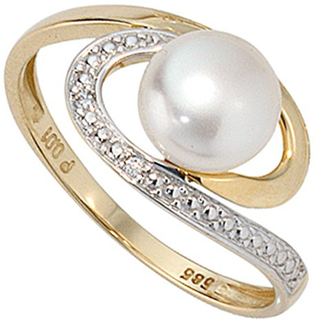 Jobo Damen-Ring aus 14 Karat 585 Gold mit Perle und 2 Diamanten