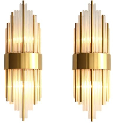 Pevfeciy Gold Crystal Wall Sconce Lights, Pack of 2, 60cm | Large Wall Lamp for Living Room, Bedroom & Hallway, 3 Color Temperatures with E14 LED Bulbs