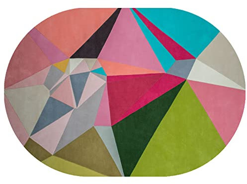 Rururug Teppich Oval Moderner Läufer Orientteppich Kurzflor Flur Schlafzimmer Küche Wohnzimmer rutschfest Waschbar,Grüne mehrfarbige Dreiecksgeometrie,Oval 80 x 150 cm