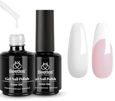 Beetles Esmalte de uñas UV, blanco (2 unidades, 15 ml), blanco brillante, ideal para todas las estaciones, manicura, bricolaje en casa, diseño de uñas.