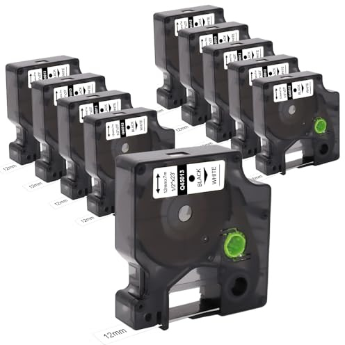 Lot de 10 bandes de rechange pour étiquettes compatibles Dymo D1 45013 S0720530 (12 mm x 7 m) - Ruban adhésif noir sur ruban blanc avec Dymo Label Manager 160 200 210D 280 360D 420P 450D