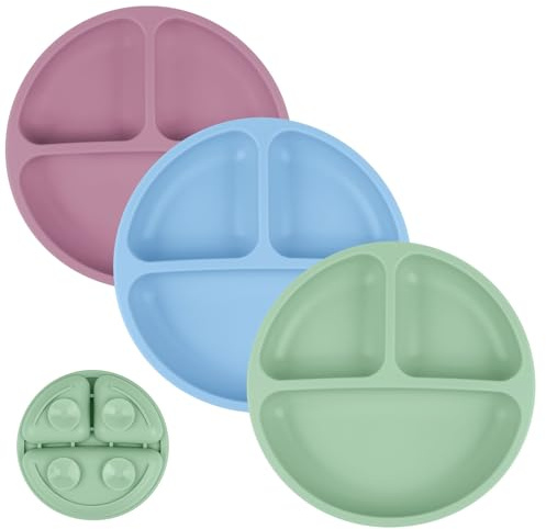 Vicloon Baby Teller, 3Pcs Silikon Rutschfester Baby Tischset mit Saugnäpfen, Saugnapfschale für Babys, BPA Frei, Geteilte Standfeste Babyteller Kleinkind Teller für Baby Kleinkind und Kinder