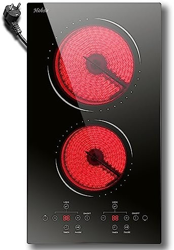 Hobsir Plaque Vitrocéramique 2 Feux, Plaque Cuisson Vitrocéramique Deux Foyers avec Prise, 30cm Encastrable, 3000W, Contrôle Tactile Individuel, Double Zones, 9 Niveaux, Minuterie, 16A Fiche, 240V