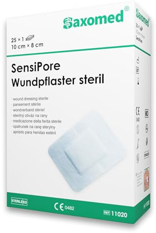 Saxomed SensiPore Pflaster 25 Stück - Wundpflaster steril 10x8 - Wundauflage nicht haftend 5x4 cm - steriler Wundverband Pflaster sensitiv - Akute Wundversorgung und postoperatives Pflaster