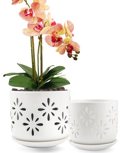 LITUDISO Orchideentöpfe, 12,7 + 15,2 cm, Orchideentöpfe mit Löchern, Keramik-Blumentöpfe für Pflanzenliebhaber, Orchideentöpfe für drinnen und draußen zum Umtopfen