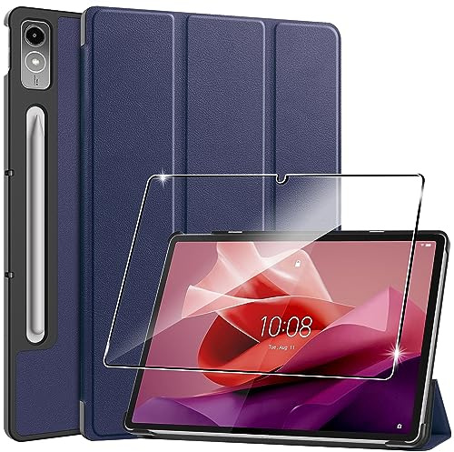 Rojeuinn Hülle für Lenovo Tab P12 12.7 Zoll 2023 Tablette Case Cover+1 Stücks Schutzglas Schutzfolie,Ultra Schlank Superleicht Dreifach Falt Klapp Schutzhülle Case mit Auto Schlaf/Wach Funktion-Blue