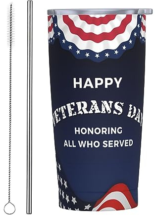 Melbrakin Bicchiere americano Happy Veterans Memorial Day con coperchio e cannuccia Bicchiere da caffè riutilizzabile in acciaio inossidabile da 20 once con isolamento sotto vuoto Tazza da viaggio