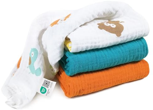 MAKIAN Mullwindeln 3er Pack, 80x80 cm, Oeko-TEX® Standard 100 geprüft, 3 Spucktücher in Premium Qualität - doppelt gewebte Stoffwindeln/Mulltücher - Türkis/Orange/Bauernhoftiere