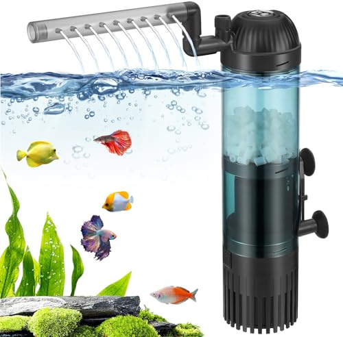 SOUSLOW Filtro interno per acquario da 6 W con filtraggio del flusso di 500 l/h, ossigenazione, circolazione per acqua pulita, flusso d'aria regolabile, basso rumore e silenzioso
