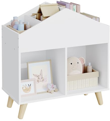 Lestarain Kinderregal mit 4 offenen Fächern, Bücherregal Aufbewahrungsregal für Kinder, Standregal, Kinderzimmerregal aus MDF, mit Kippsicherung, Weiß