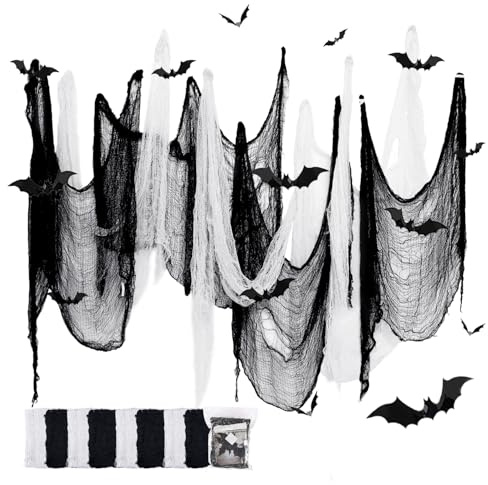 YuSaug Halloween Deko Stoff, 8 Stücke Gruselige Stoff 183 * 76CM mit 12 Fledermaus Aufkleber, Gruseltuch Halloween Party Spukhaus Gruselige Dekoration (4 Schwarz + 4 Weiß)