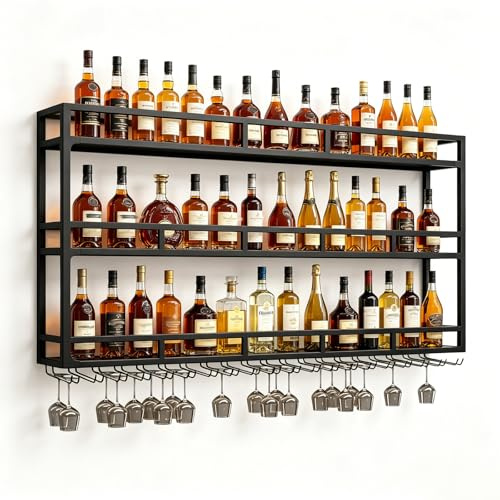 RAJYQODIS Portabottiglie da parete, mensole da bar sospese a 4 livelli, mensola portabottiglie in metallo industriale, per arredamento da bar e sala da pranzo, nero (104cm)