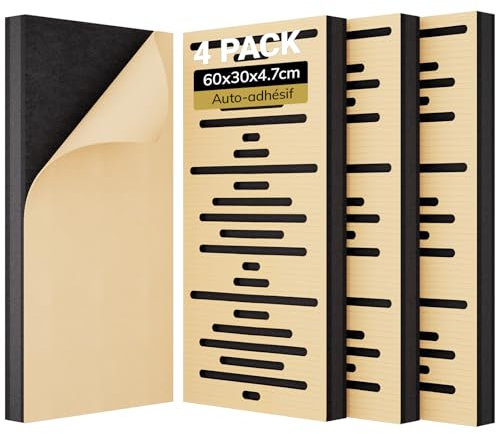 TONOR Holzfurnier Akustikpaneele Selbstklebend, 4 Stück 60x30x4,7cm Akustikplatten Wandpaneele Holzoptik, Akustik paneele für Akustische Behandlung und Wanddekoration, Wohnzimmer, Büro, Eiche