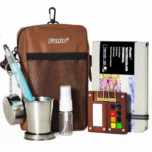 Funto Mini Wasserfarben-Set, All-In-One Nussholz 8-Farben Premium Pocket Travel Paint Kit, mit Crossbody-Tasche, Wasserfarben-Tagebuch, Metallklammer, Malwassertasse