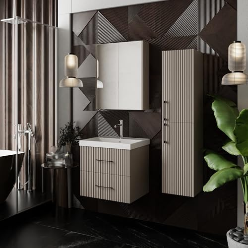 Badmöbel Set Liana 60 | Keramikwaschbecken | Unterschrank | Spiegelschrank | Softclose-Schubladen & -Türen | Riffeloptik & Bügelgriffe | Eleganter Stil | Badmöbel | Waschtisch mit Unterschrank 60 cm