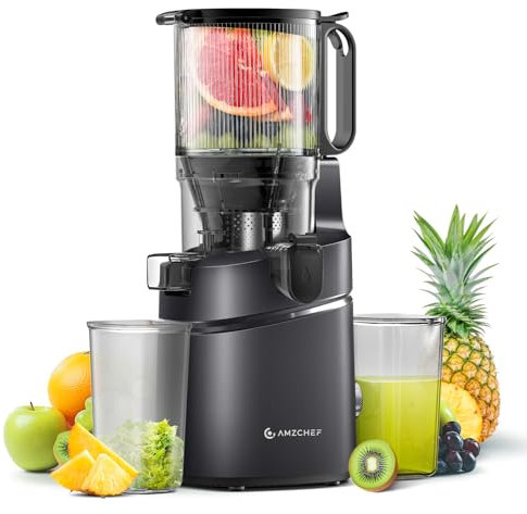 AMZCHEF Spremiagrumi automatico all-in-one, 250 W, apertura 135 mm e spremiagrumi da 1,8 l, per frutta e verdura, vincitore del test con triplo filtro – nero