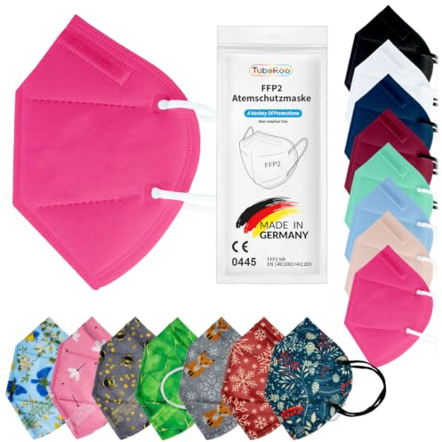 TubeRoo FFP2 Maske Bunt Farbig 20 Stück Set Masken Motiv Muster in Dunkelblau Blau Bordeaux Hellblau Pink Rot Grün Grau Weiß Schwarz, aus Deutschland, Made in Germany, Atemschutzmaske, Mundschutz