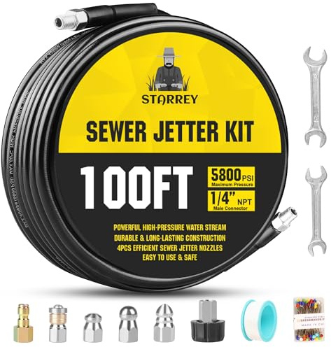 Pressure Washer Drain Jetter – Sewer Jetter Kit for Pressure Washer 100ft 1/4 Inch NPT Hose Nozzles and Adapter 5800PSI Clears Clogs in Pipes & Sewer Lines